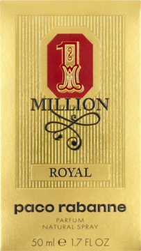 Złote opakowanie perfum Paco Rabanne 1 Million Royal 50ml, z czerwonym logo '1 M' i teksturowanym tłem.