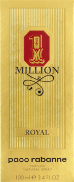 Złoty kartonik perfum Paco Rabanne 1 Million Royal dla mężczyzn, 100 ml, z czerwono-złotym logo i paskami, widok z przodu.