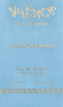 Jasnoniebieskie opakowanie wody toaletowej Versace Dylan Turquoise 30ml ze złotym napisem.