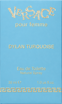 Turkusowe opakowanie Versace Dylan Turquoise EDT dla kobiet 30 ml, widok z przodu, złote logo i wzór.