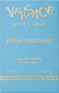 Versace Dylan Turquoise Eau de Toilette, jasnoniebieskie pudełko z złotym logo i napisem, widok z przodu.