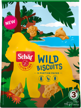 Bezglutenowe ciasteczka Schär Wild Biscuits, żółte opakowanie z motywem dżungli i zwierzętami, widok z przodu.