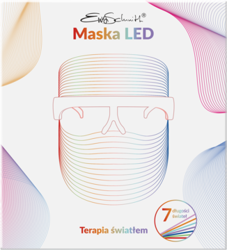Maska LED do terapii światłem na białym opakowaniu. Widoczny kształt maski z tęczowymi liniami, napis 'Maska LED'.