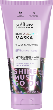 so!flow maska rewitalizująca do włosów farbowanych, fioletowa tubka, napis 'SHINE MUST GO ON', zapach śliwki i jeżyny.