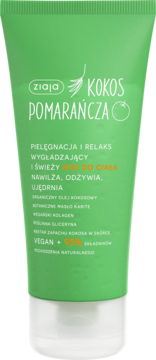 Ziaja Kokos Pomarańcza mus do ciała, wygładzająco-nawilżający, zielona tubka z białym zamknięciem, widok z przodu.
