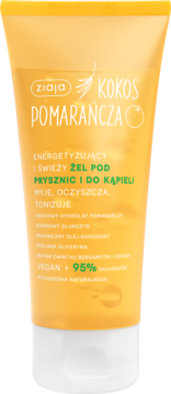 Pomarańczowy żel pod prysznic Ziaja Kokos Pomarańcza w tubie z białym korkiem, wegański, widok z przodu.