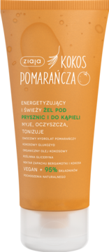 Ziaja Kokos Pomarańcza żel pod prysznic w pomarańczowej tubce, wegański, 95% składników naturalnych, widok z przodu.
