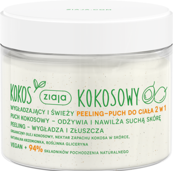 Ziaja Kokosowy Peeling-Puch do ciała 2w1 w przezroczystym słoiku z białym wieczkiem, widok z przodu.