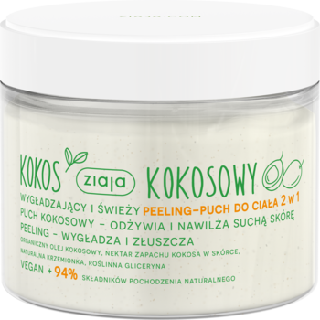 Ziaja Kokosowy Peeling-Puch do ciała 2w1 w białym słoiczku, kremowy, wygładza i złuszcza skórę, widok z przodu.