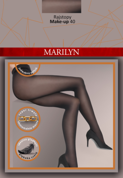 Przednie opakowanie beżowych rajstop Marilyn Make-up 40, z ilustracją damskich nóg w ciemnych rajstopach.