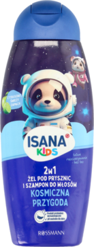 Niebieska butelka Isana Kids 2w1 żel i szampon Kosmiczna Przygoda, z pandą astronautą na tle gwiazd.