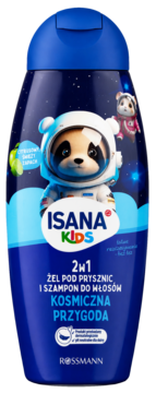 Isana Kids 2w1 Kosmiczna Przygoda żel i szampon, niebieska butelka z pandą-astronautą, cytrusowy zapach.