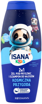 Isana Kids 2w1 żel i szampon, Kosmiczna Przygoda o cytrusowym zapachu, butelka z pandami, przód.