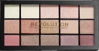 Paleta cieni Revolution Reloaded Iconic 3.0, prostokątna, 15 cieni (11 błyszczących, 4 matowe) w ciepłych odcieniach.