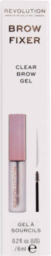 Revolution Brow Fixer Clear Brow Gel w białym opakowaniu, z różową nakrętką i szczoteczką, widok z przodu.
