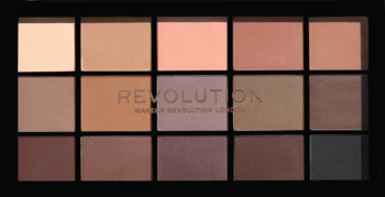 Otwarta czarna paleta Revolution Re-loaded Basic Mattes, 15 matowych cieni do powiek w beżach i brązach.