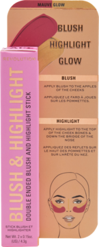 Revolution podwójny stick Blush & Highlight Mauve Glow, różowy, z beżowym opakowaniem i diagramem twarzy.