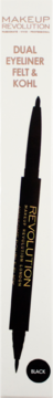 Czarny eyeliner Makeup Revolution Dual Felt & Kohl. Widok z przodu, pionowo ustawiony, na białym tle.