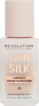 Revolution Skin Silk Luminous Serum Foundation F3, pale glass bottle with rose gold text, front view.