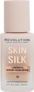 Szklana butelka Revolution Skin Silk Serum Foundation F5 z pompką, front, matowe szkło i beżowa nakrętka.