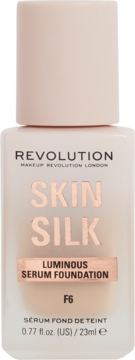 Podkład Revolution Skin Silk Luminous Serum F6 w jasnej szklanej butelce z pompką, widok z przodu.