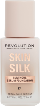 Podkład Revolution Skin Silk Luminous Serum F7 w prostej butelce z matowego szkła, złote detale, widok przód.