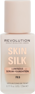 Podkład Revolution Skin Silk Luminous Serum Foundation F8.5, matowa szklana butelka, widok z przodu.