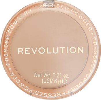 Revolution Reloaded Matujący puder Vanilla w beżowej puderniczce, widok z góry z napisem "PRESSED POWDER".