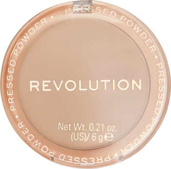 Revolution Reloaded Matujący puder Vanilla w beżowej puderniczce, widok z góry z napisem "PRESSED POWDER".