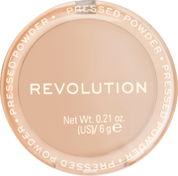 Puder prasowany Revolution Reloaded matujący w odcieniu Beige, widok z góry, okrągłe opakowanie.