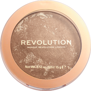 Perłowy wypiekany bronzer Revolution Reloaded, brązowo-złoty, w okrągłym rose gold kompakcie. Widok z góry.