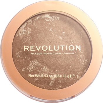 Perłowy wypiekany bronzer Revolution Reloaded, brązowo-złoty, w okrągłym rose gold kompakcie. Widok z góry.
