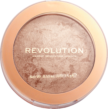 Perłowy bronzer Revolution Reloaded Holiday Romance w okrągłej, złotej puderniczce, widok z góry.