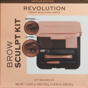 Revolution Brow Sculpt Kit Medium Brown: otwarte opakowanie z paletą cieni, żelu, pomady, rozświetlacza i pęsety.
