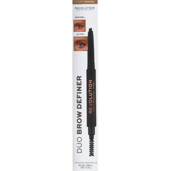 Kredka Revolution Duo Brow Definer Light Brown, czarny ołówek z pędzelkiem, opakowanie z widokiem z przodu.