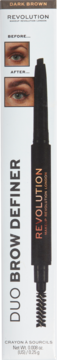 Kredka Revolution Duo Brow Definer Dark Brown z końcówką i szczoteczką, na opakowaniu oczy przed/po.