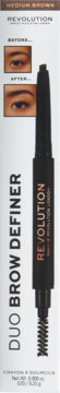 Revolution Duo Brow Definer Medium Brown, dwustronna kredka do brwi ze szczoteczką, obok zdjęć oczu przed/po.