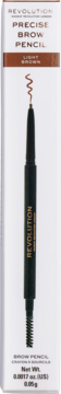 Revolution Precise Brow Pencil Light Brown w opakowaniu. Widoczna ciemna, dwustronna kredka z cienkim brązowym rysikiem i szczoteczką.