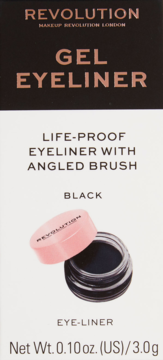 Revolution Gel Eyeliner, czarny, life-proof, w słoiczku z różową nakrętką na białym pudełku, widok z przodu.