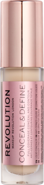 Revolution Conceal & Define, full coverage korektor w butelce z rose gold nakrętką, widok z przodu.