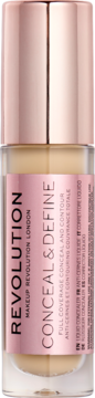 Revolution Conceal & Define korektor w płynie, odcień C5.7, beżowy, w przezroczystej butelce z różowozłotą nakrętką.