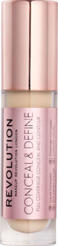 Makeup Revolution Conceal & Define: beżowy korektor w płynie, przezroczysta butelka z różowo-złotą zakrętką, z przodu.