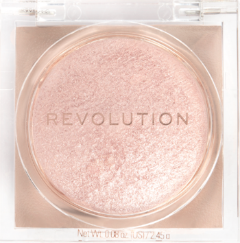 Wypiekany rozświetlacz Revolution Beam Bright Rose Lustre, jasnoróżowy, w przezroczystym kompakcie, widok z góry.
