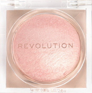 Z góry: Revolution Beam Bright Pink Seduction, wypiekany rozświetlacz. Różowo-złoty, lśniący puder w okrągłej formie, w przezroczystym kompakcie.