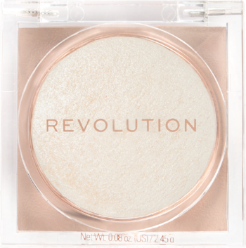 Wypiekany rozświetlacz Revolution Beam Bright Diamond Glow, jasny, lśniący, w kwadratowym opakowaniu z logo Revolution.