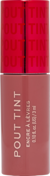 Revolution Pout Tint Nude Dreams, nawilżający. Butelka w odcieniu pudrowego różu z czerwoną nakrętką i napisem POUT TINT.