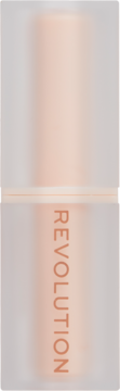 Pomadka Revolution Lip Allure Soft Satin w przezroczystej tubie, widok z przodu, z brzoskwiniowym odcieniem w środku.