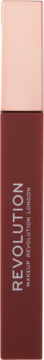 Płynna pomadka Revolution IRL Whipped Lip Crème Burnt Cinnamon, matowa, w brązowej tubce z beżową nakrętką, widok pionowy.