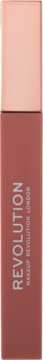 Pionowe ujęcie matowej pomadki Revolution IRL Whipped Lip Crème Caramel Syrup w beżowo-brązowej tubce z jasną nakrętką.