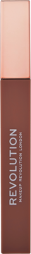 Pomadka Revolution IRL Whipped Lip Crème Espresso Nude, brązowa butelka z różowo-złotą nakrętką, widok z przodu.